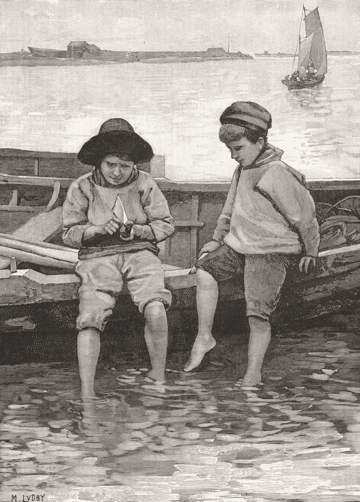 CHILDREN. By the sea 1886 old antique vintage print picture